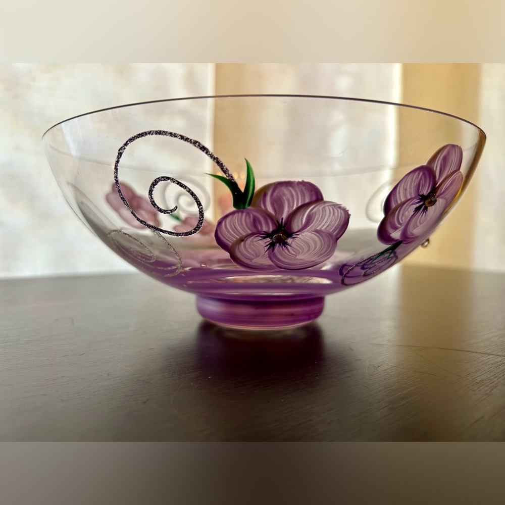 Hand painted Madiggan Australia, purple, floral bowl. 8.25”